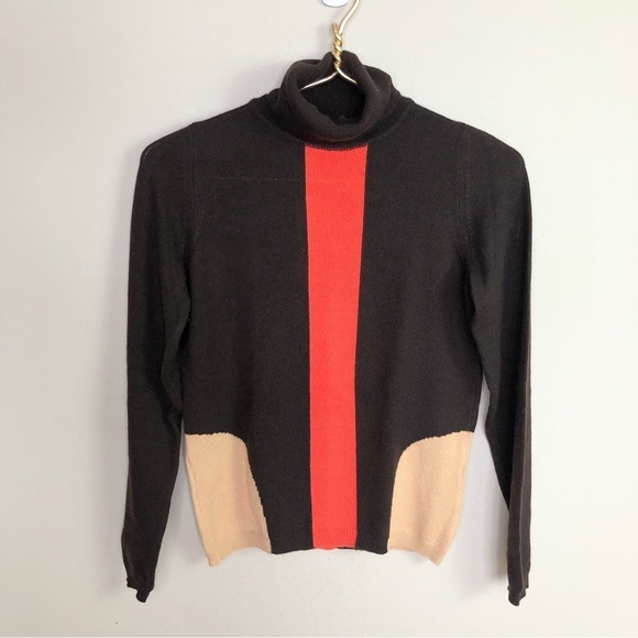Vintage Sweaters - Vintage brown tan red geometric Mod print 60’s cashmere turtleneck sweater S